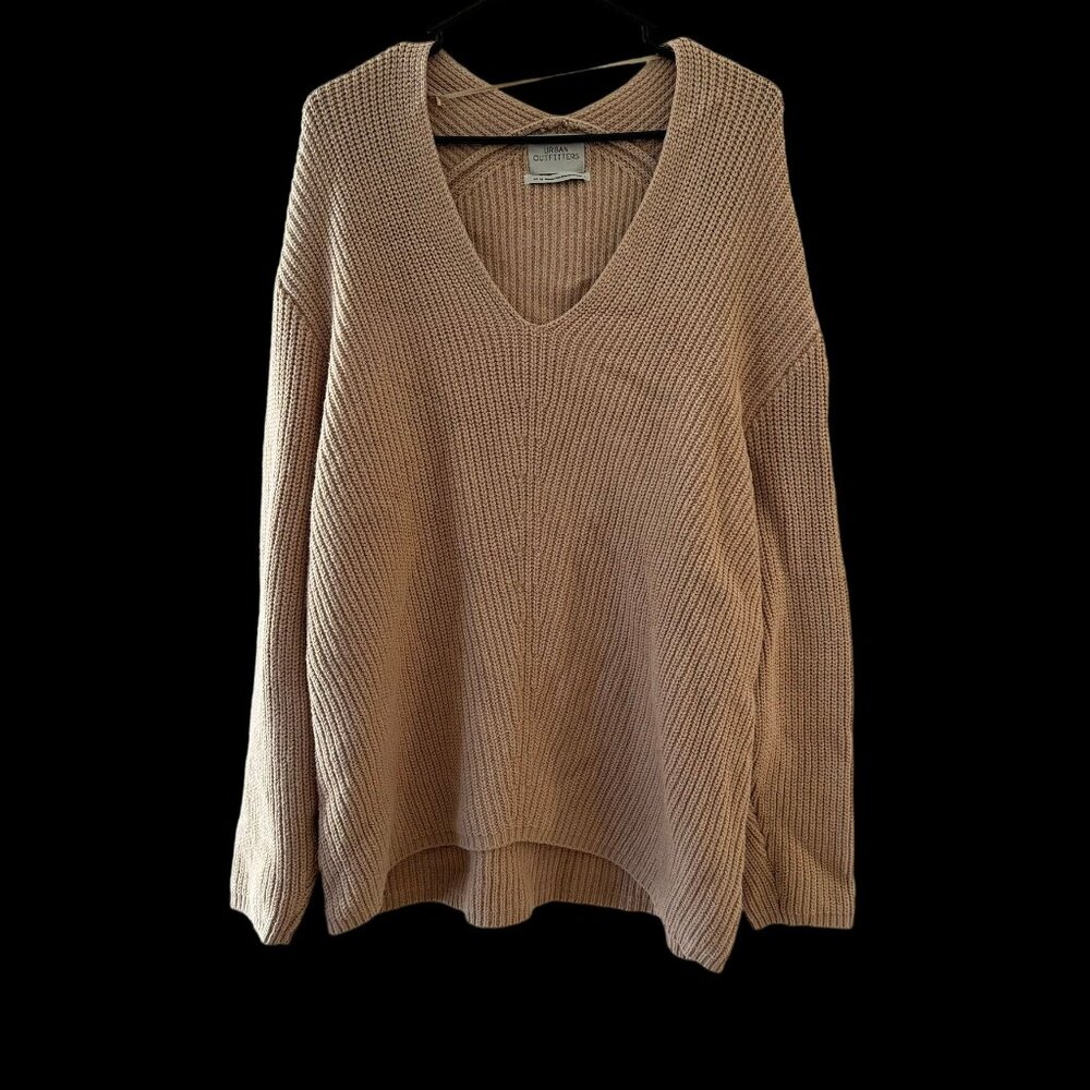 Urban Outfitters Oversized Y2K Tan Ribbed V-Neck Sweater M Womens Chunky Knit